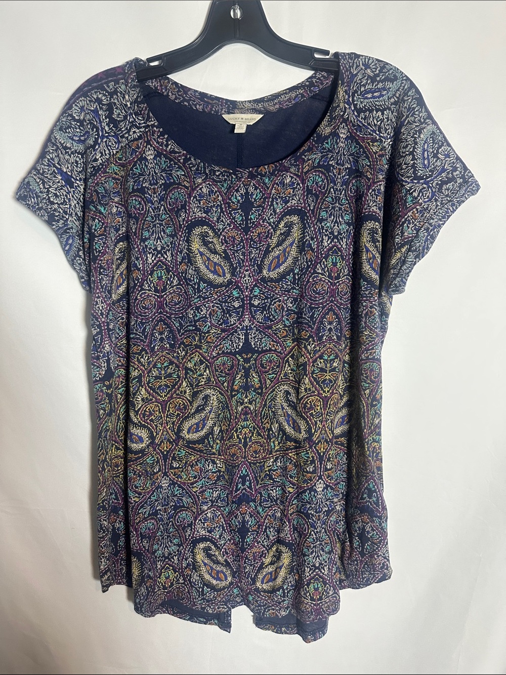 Lucky Brand Navy Paisley Short Sleeve Tee with Multicolor Accents